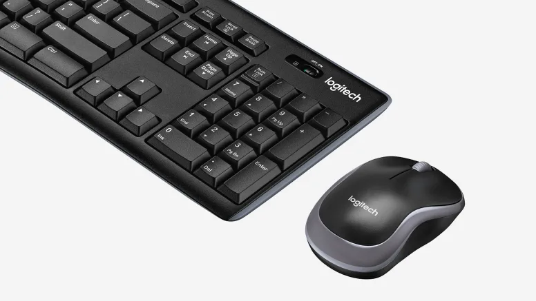 Vista lateral del combo Logitech MK270 con detalles del perfil bajo del teclado y mouse