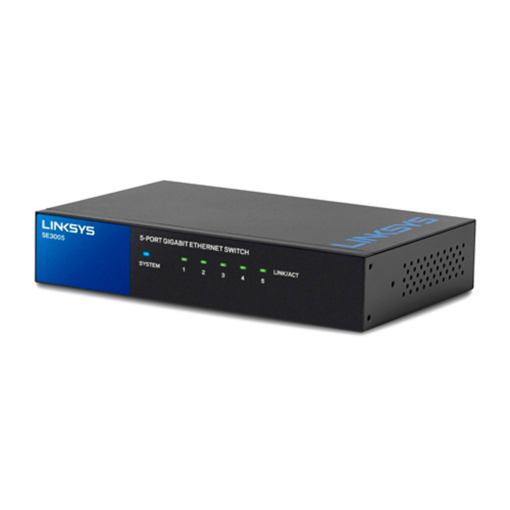 Switch de escritorio Linksys SE3005 con 5 puertos Gigabit.