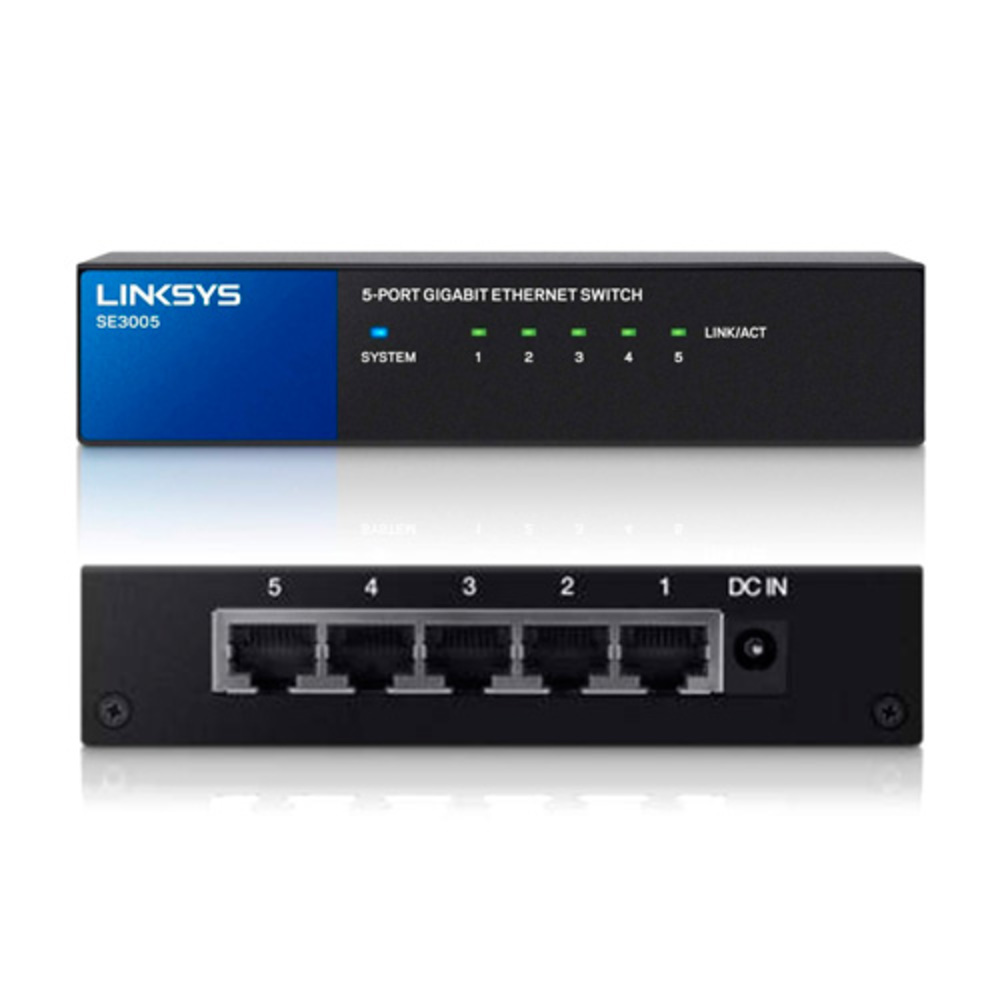 Puertos Ethernet en el Switch Linksys SE3005 mostrando la capacidad 10/100/1000 Mbps.