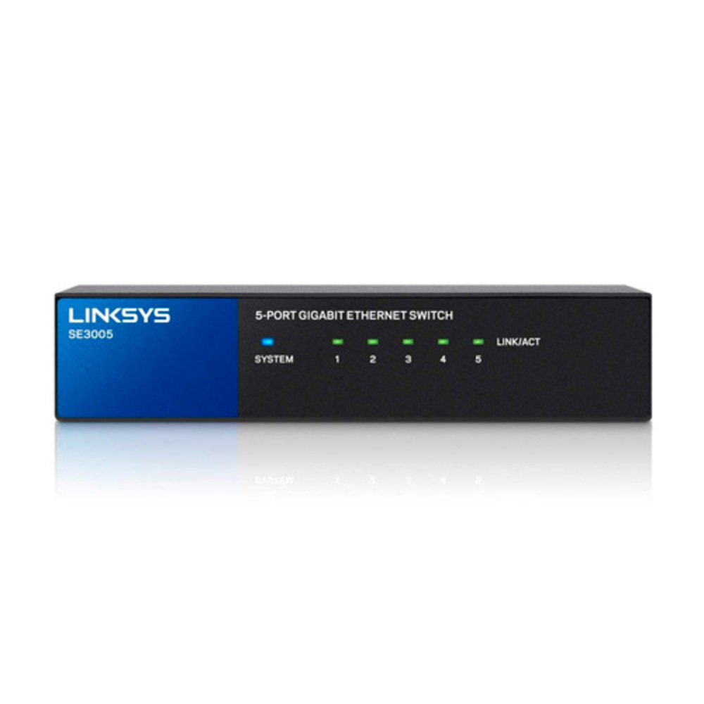 Vista del Switch Linksys SE3005 con sus accesorios, incluyendo el kit de montaje.