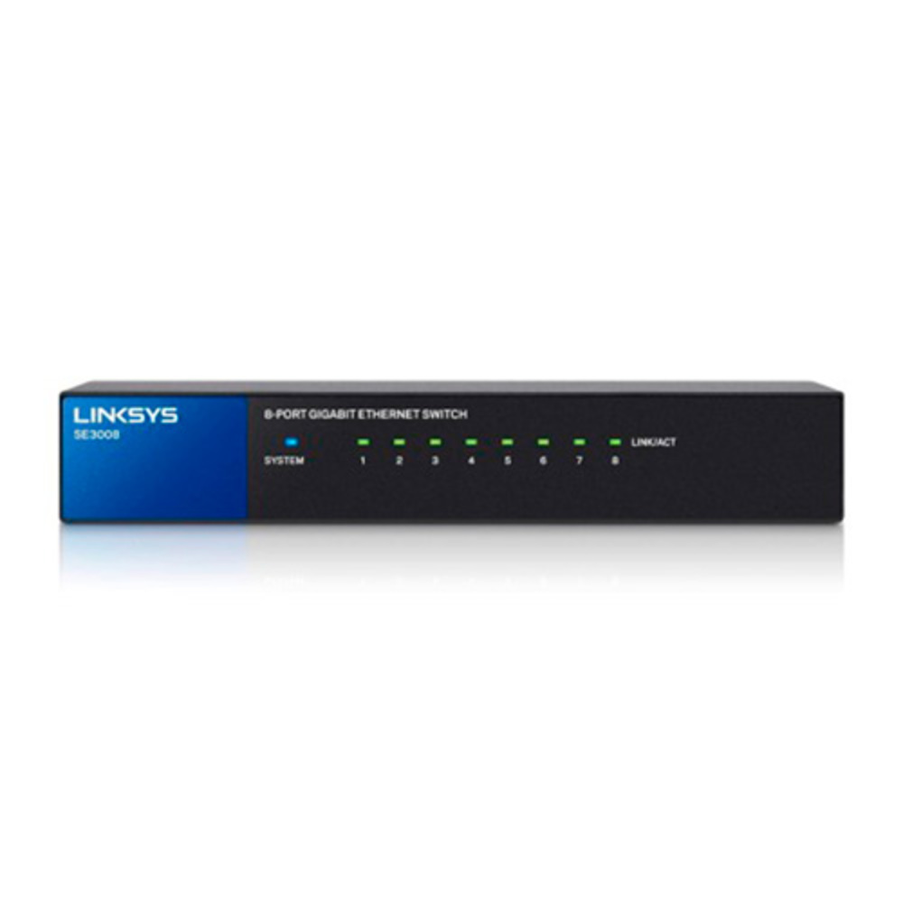Switch de Escritorio Linksys SE3008 con 8 puertos Gigabit, ideal para expandir la red dom&eacute;stica.