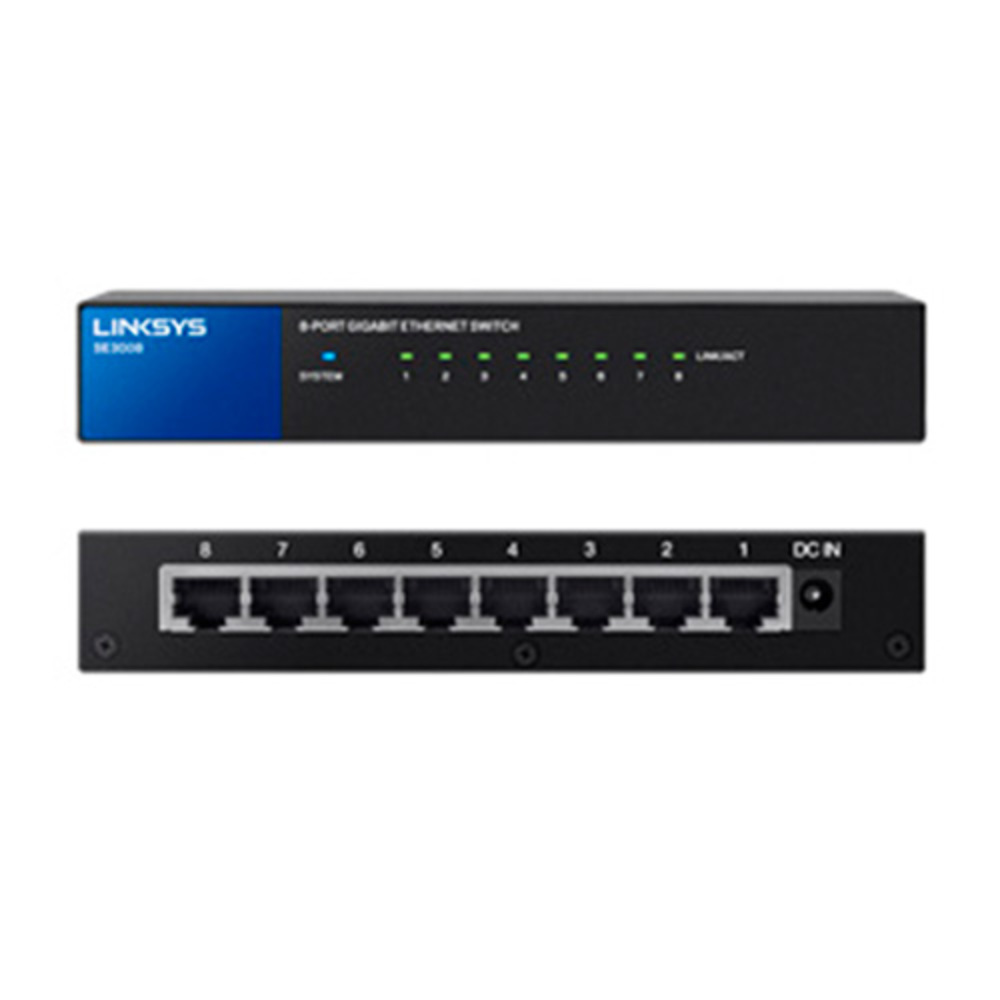Contenido del paquete del Linksys SE3008, incluyendo el conmutador, adaptador de corriente y kit de montaje.