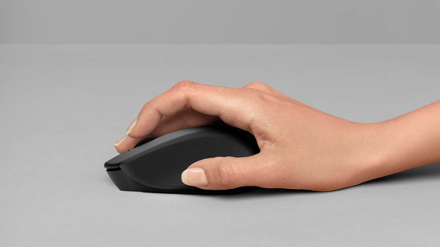 Vista frontal del mouse inal&aacute;mbrico Logitech M190 en color gris marengo