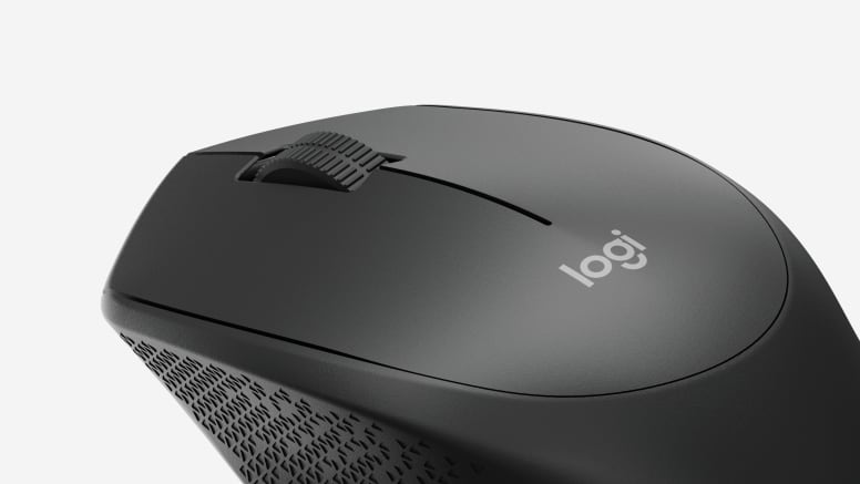 Vista posterior del mouse Logitech M190 gris marengo con acabado curvo y sim&eacute;trico