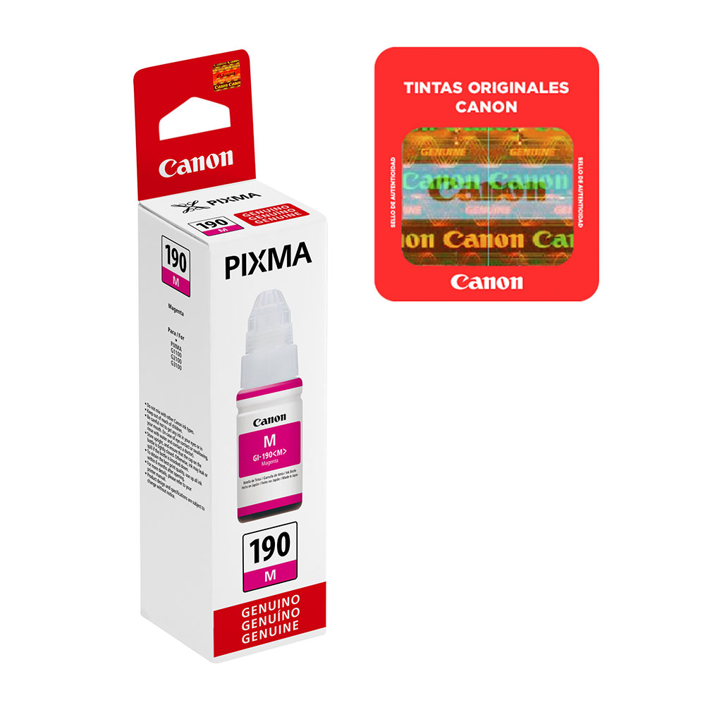 Detalle del envase de tinta Canon fabricado en China.