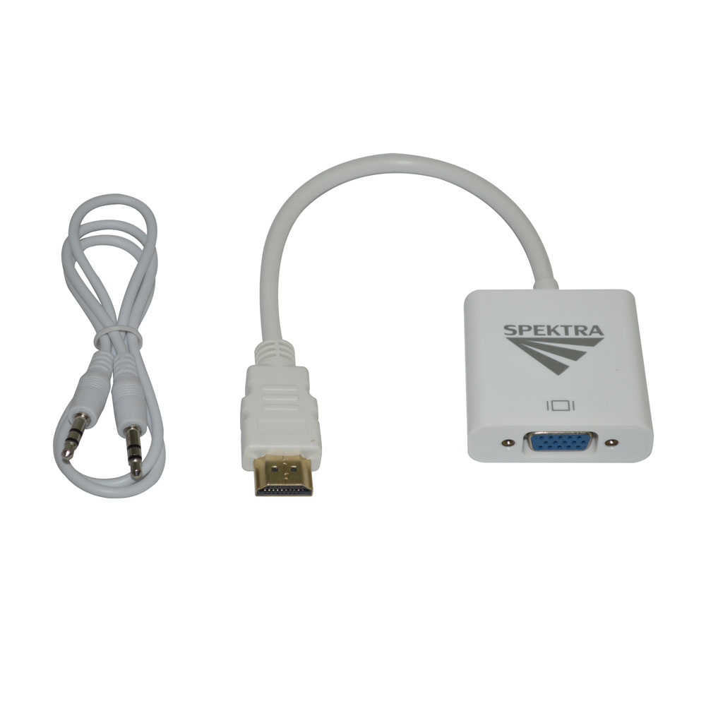 Imagen del  Adaptador HDMI macho a VGA hembra blanco en un fondo blanco.