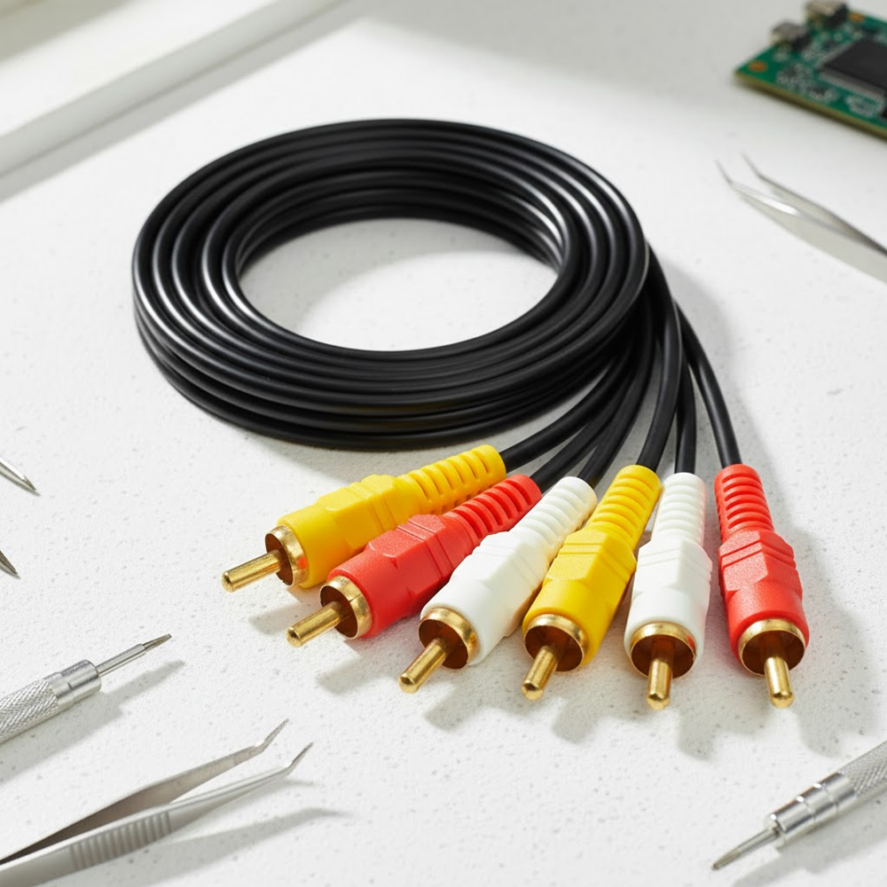 Detalle de conectores an&aacute;logos RCA izquierdo y derecho