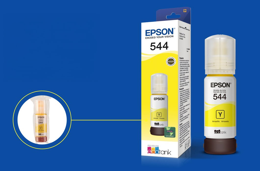 Botella de tinta Epson mostrando el sello al vac&iacute;o del empaque