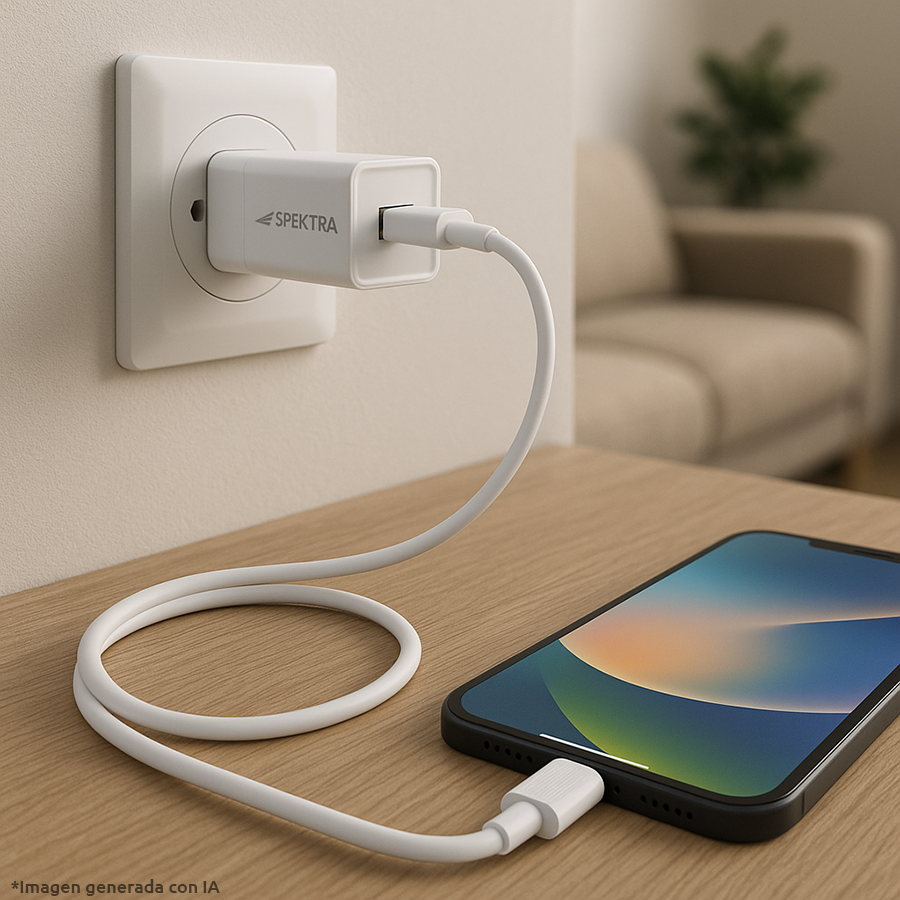Cargador de pared Spektra 10.5W con cable Lightning SEC enchufado a pared y cargando dispositivo iPhone