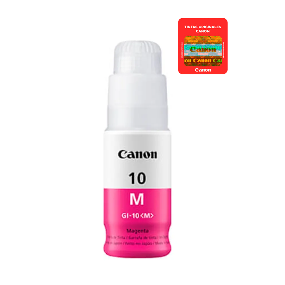Botella de tinta Canon GI-10M en color Magenta.