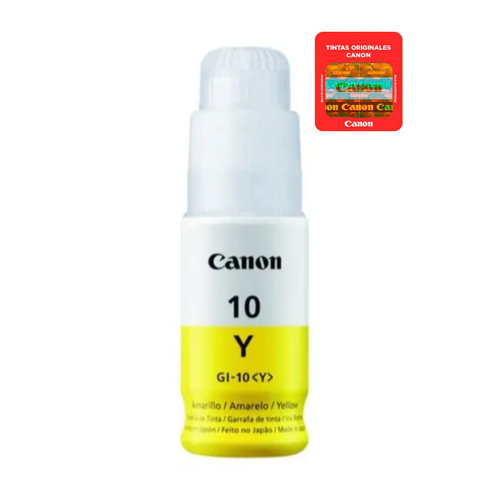 Botella de Tinta Canon GI-10 Amarillo, color amarillo.
