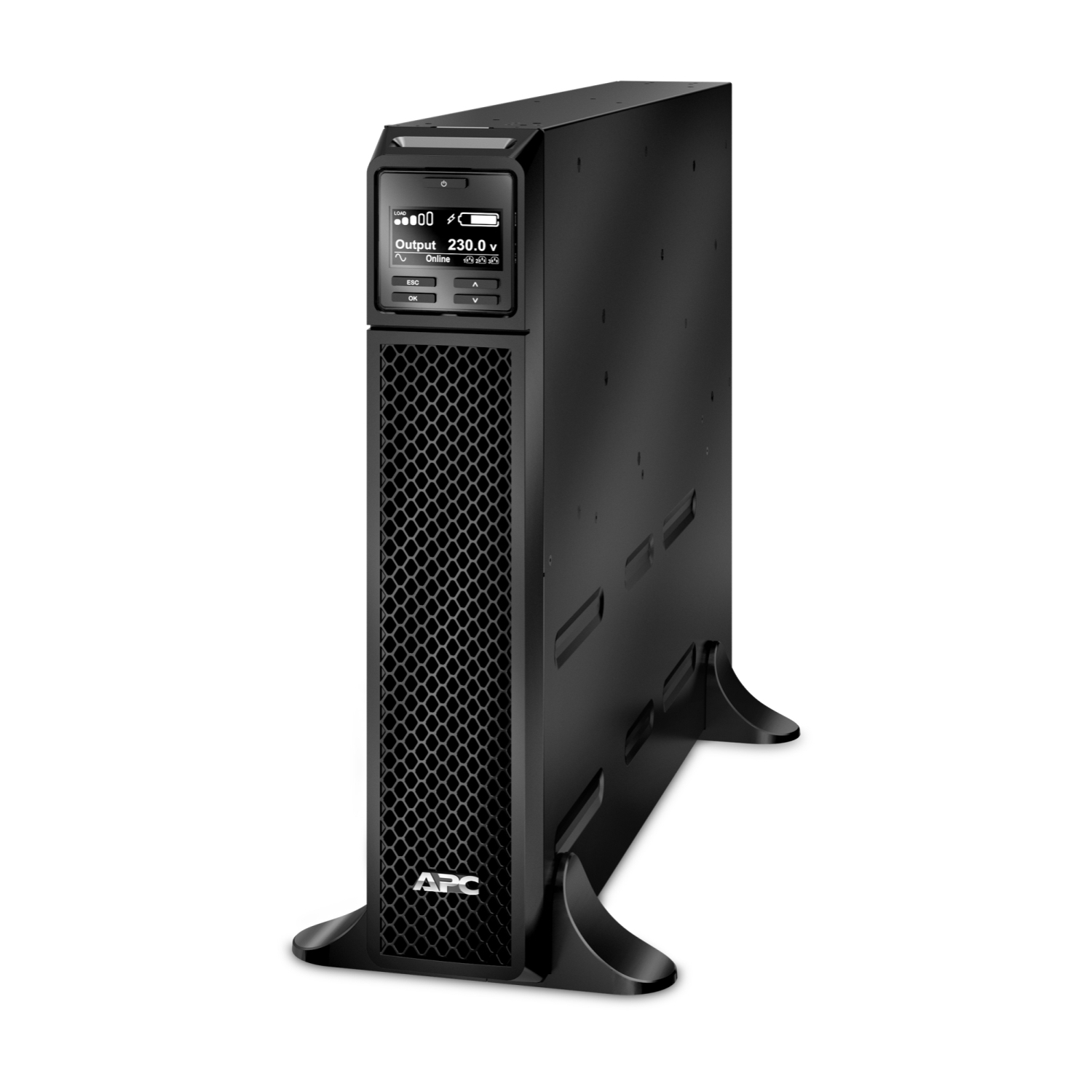 Vista frontal de la unidad UPS APC SRT2200XLI con pantalla de control LCD
