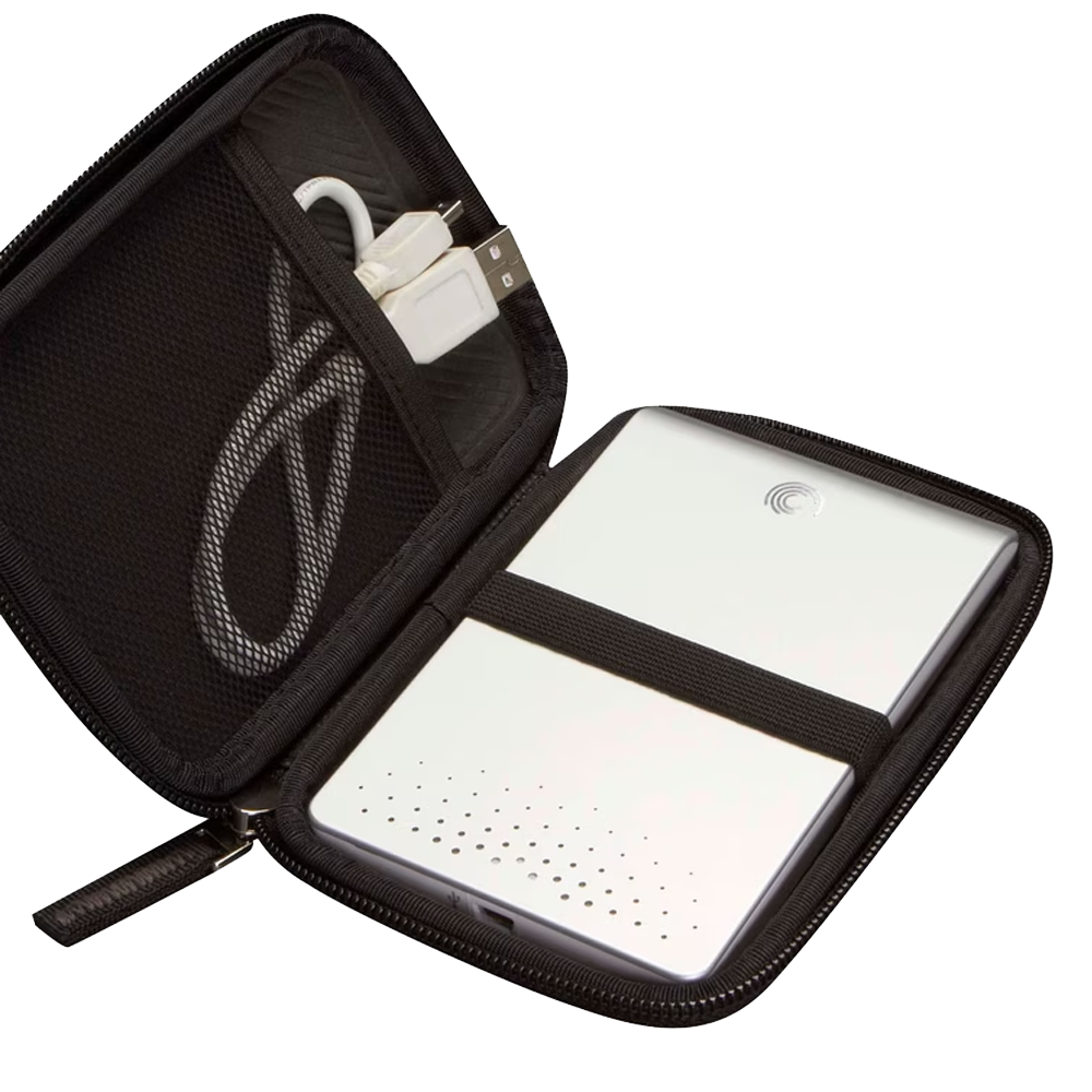 Interior del estuche con banda el&aacute;stica y bolsillo para cables