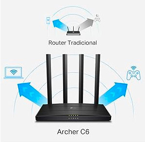 Router TP-Link AC1200 vista posterior con puertos Ethernet Gigabit y entrada de alimentaci&oacute;n