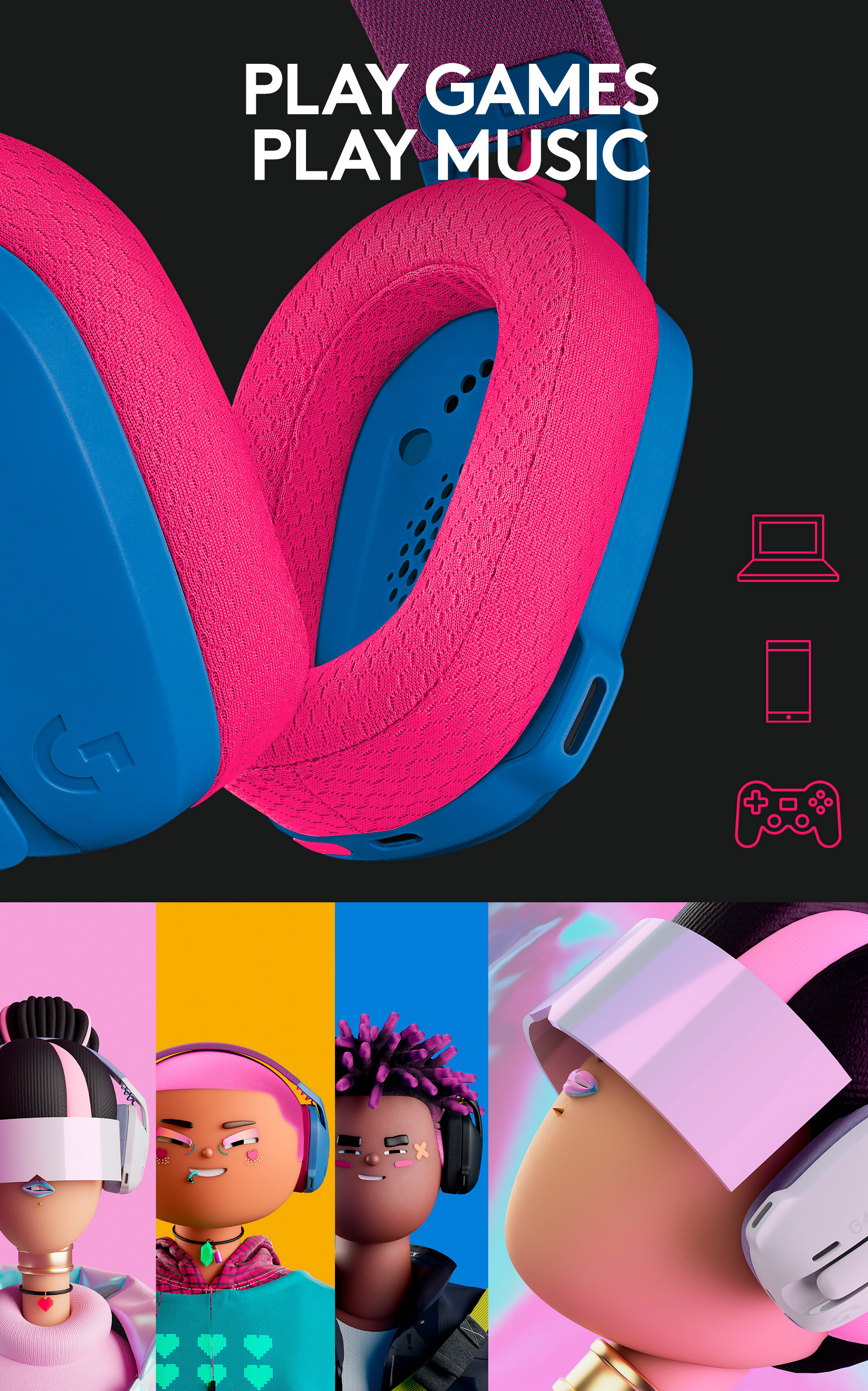 Auricular Logitech G435 mostrando compatibilidad con PC y consolas, listo para gaming de alta calidad