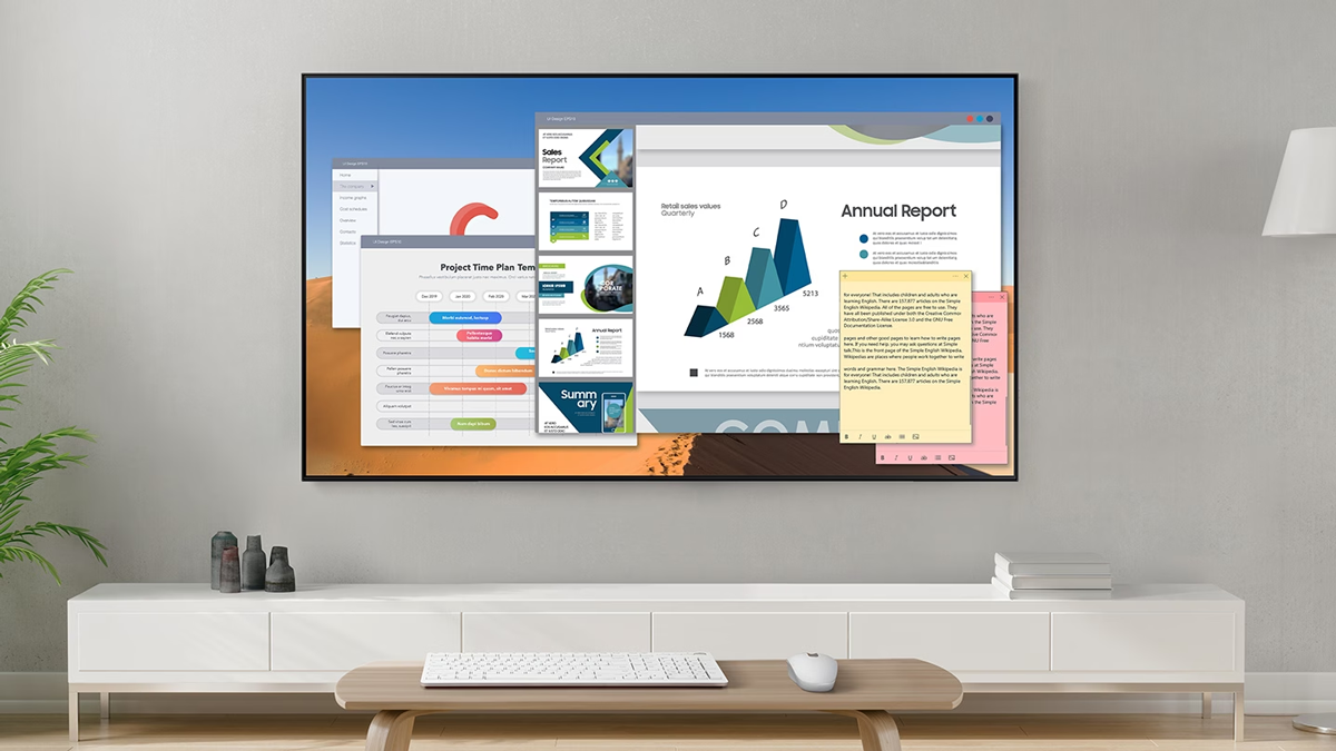 Imagen simulada de Smart TV Samsung HD T4202 mostrando varias ventanas de trabajo demostrando la conexi&oacute;n inal&aacute;mbrica con computador o notebook