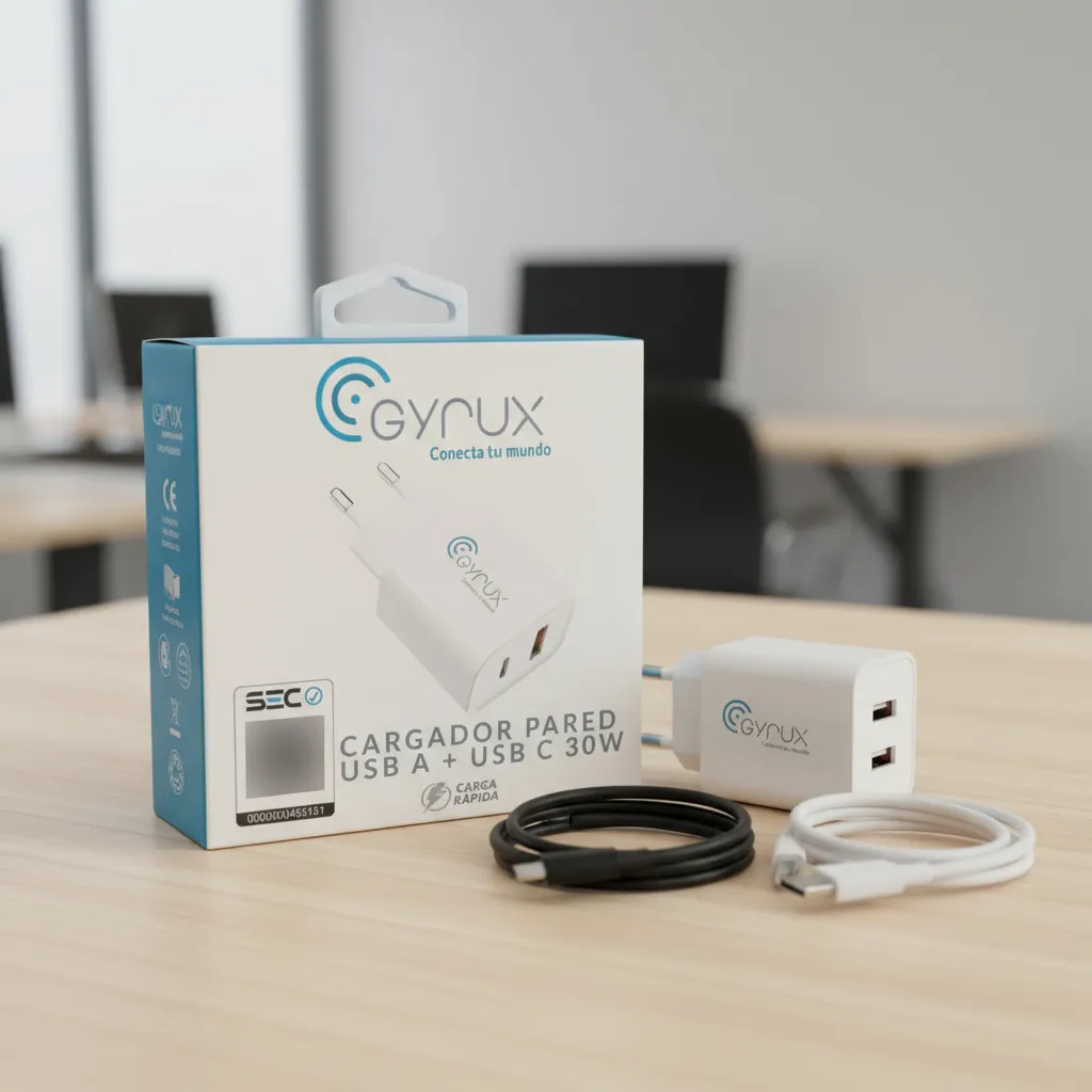 Cargador r&aacute;pido Gyrux de 30W visto en detalle con salida USB-C para carga eficiente