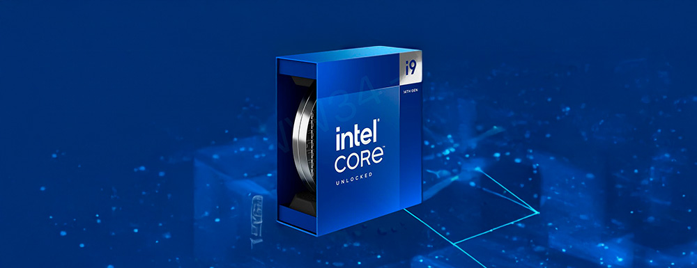 Imagen de la CPU Intel Core i9-14900KF con fondo azul moderno