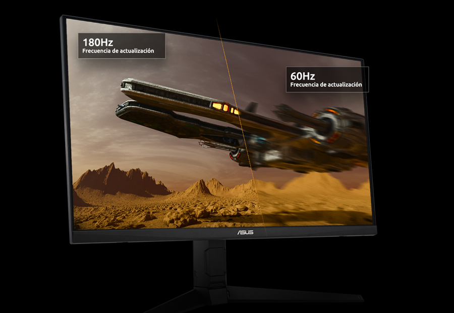 Imagen simulada comparando la velocidad de actualizaci&oacute;n de 180Hz del Monitor TUF Gaming VG249QL3A versus pantalla tradicional de 60Hz