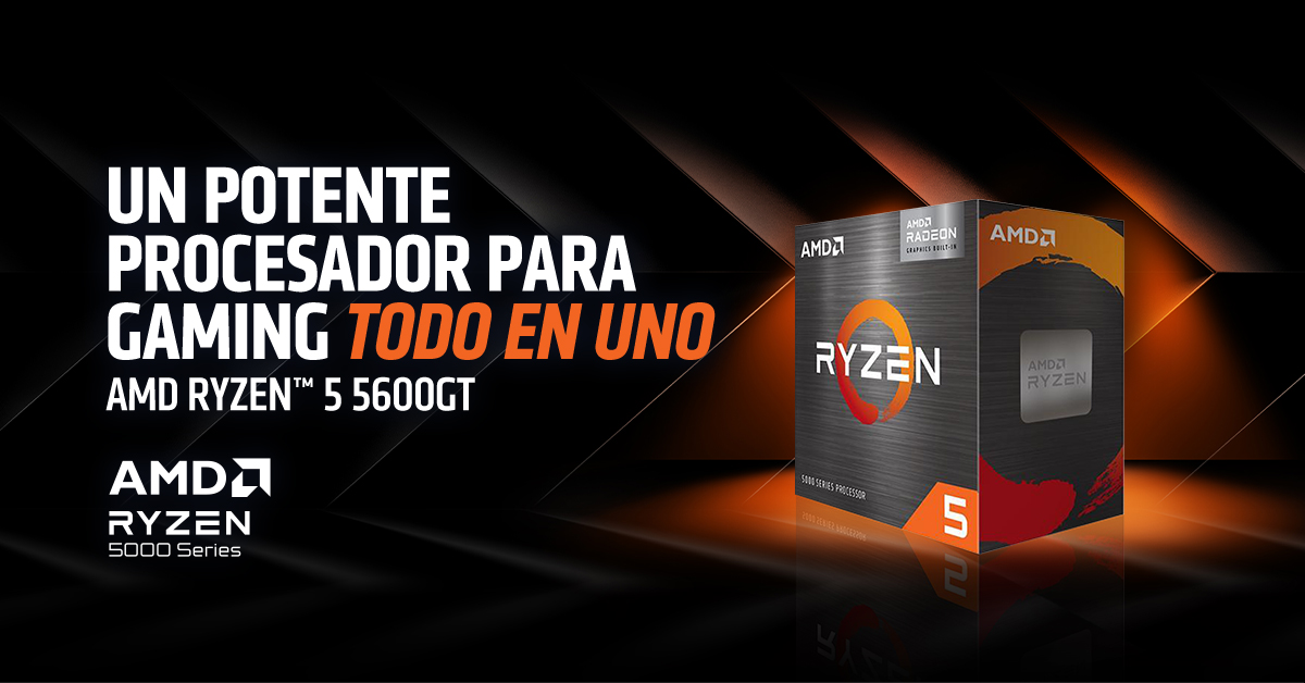 Procesador AMD Ryzen 5 5600GT visto desde arriba, mostrando el disipador t&eacute;rmico y dise&ntilde;o del CPU para computadores de escritorio.