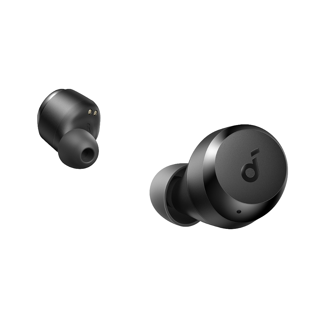 Detalle del control t&aacute;ctil de los aud&iacute;fonos Soundcore A25i en uso