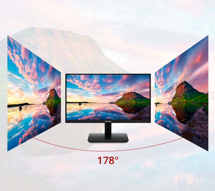 Vistas frontales, lateral izquierdo y lateral derecho de monitor Viewsonic VA220-H que desmutra su gran &aacute;ngulo de visi&oacute;n
