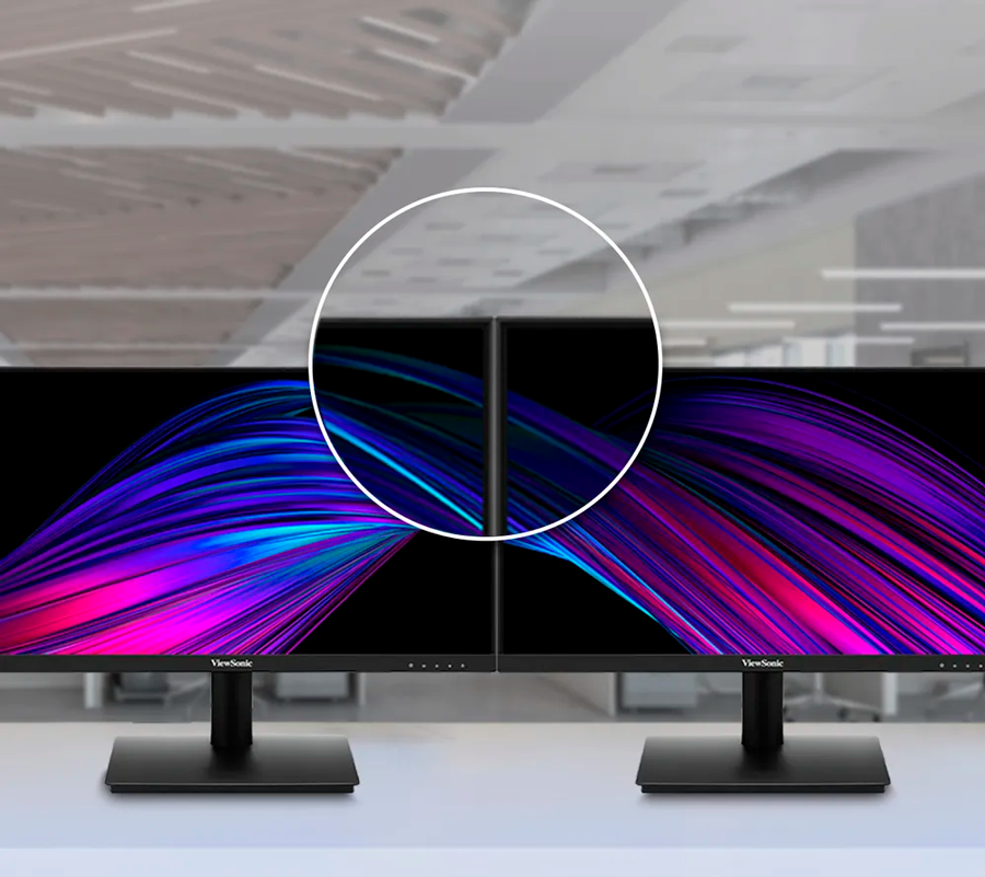 Vista frontal de dos momitores Viewsonic VA220-H lado a lado destacando su dise&ntilde;o sin bordes