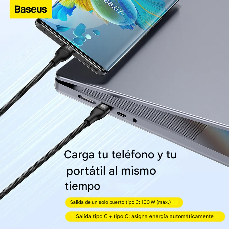 Detalle de los conectores del cable Baseus de carga r&aacute;pida dual para dispositivos m&oacute;viles