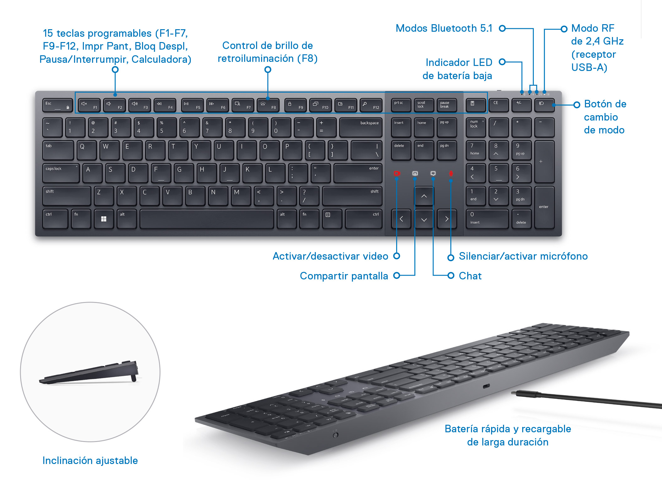 Teclado colaborativo inalambricos marca dell, modelo KB900