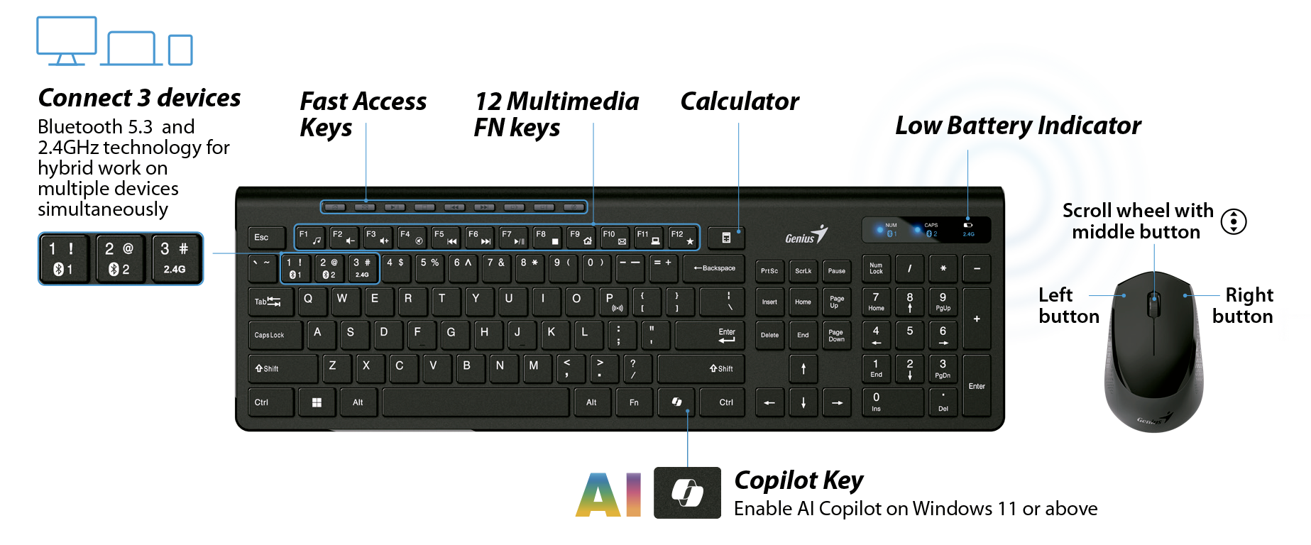  teclado y mouse inalámbricos Genius SlimStar 8230, con tecnología Bluetooth