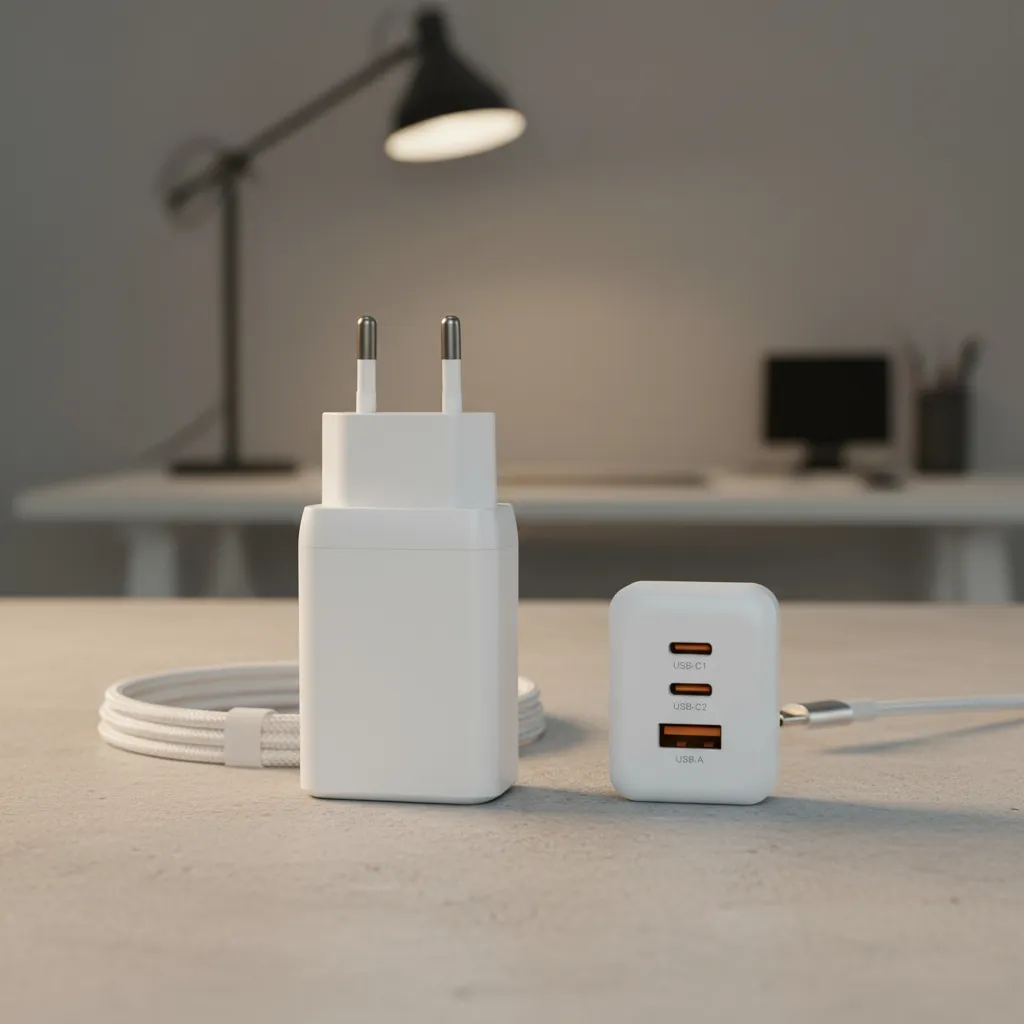 Cargador de pared con carga r&aacute;pida dual de 20W color blanco visto en &aacute;ngulo frontal.