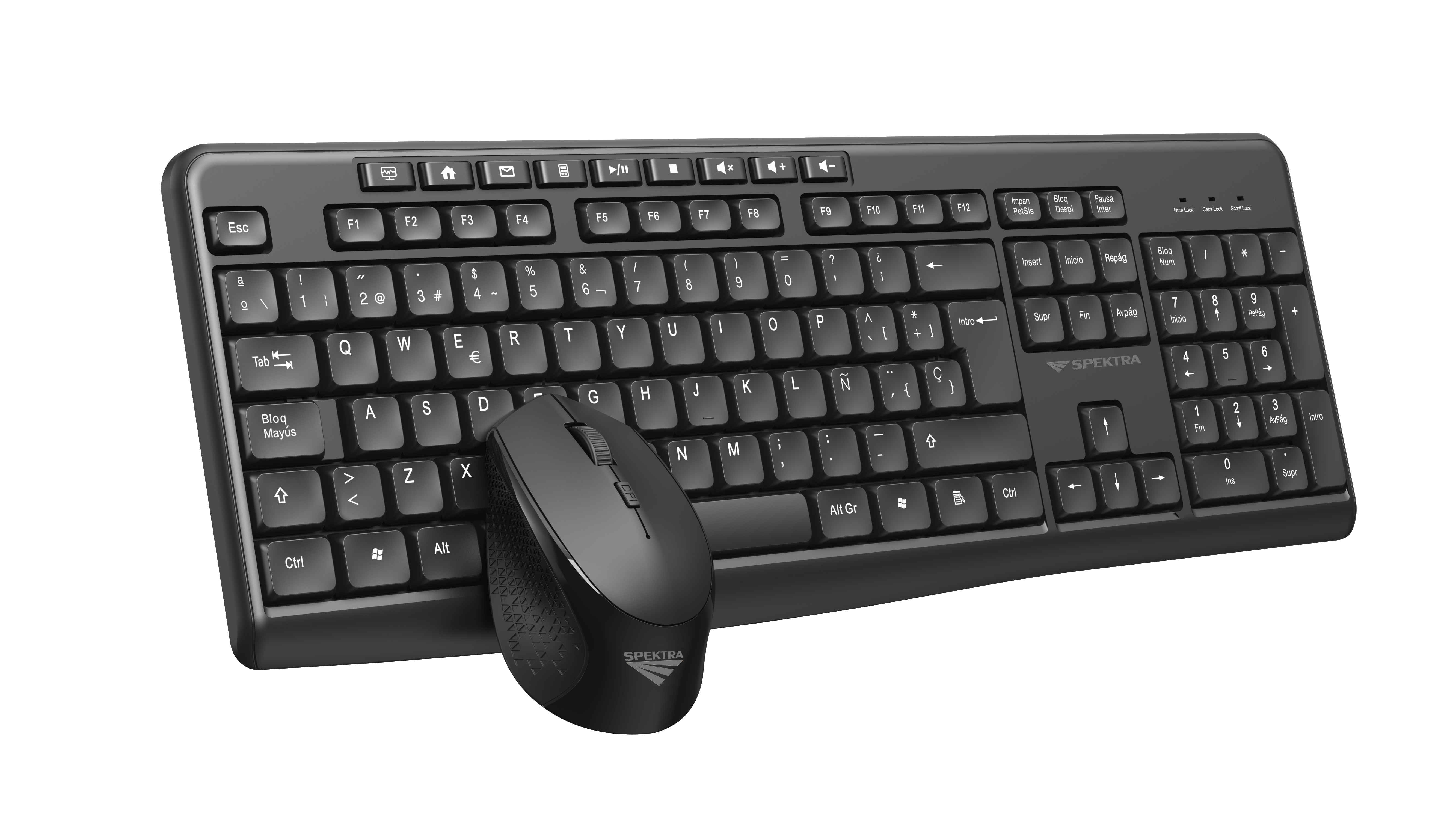 Vista lateral del combo teclado y mouse Spektra USB con dise&ntilde;o compacto y c&oacute;modo