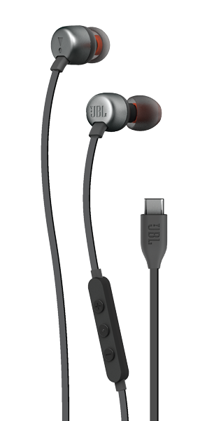 Vista frontal de los aud&iacute;fonos JBL T310 USB-C