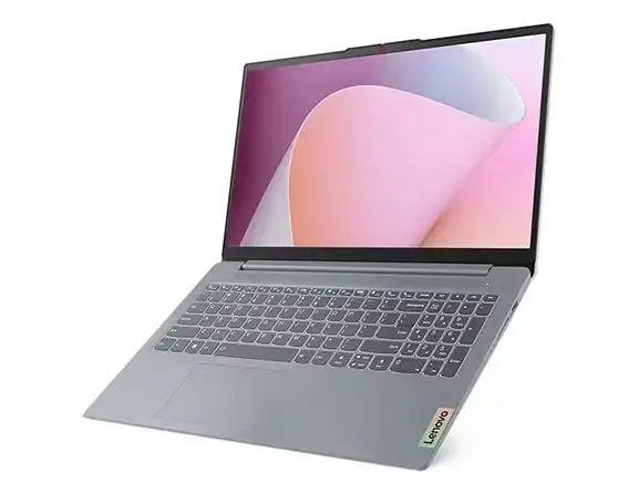 Vista frontal de notebook Ideapad Slim 3 abierto destacando su gran capacidad para trabajo por su procesador Ryzen 7