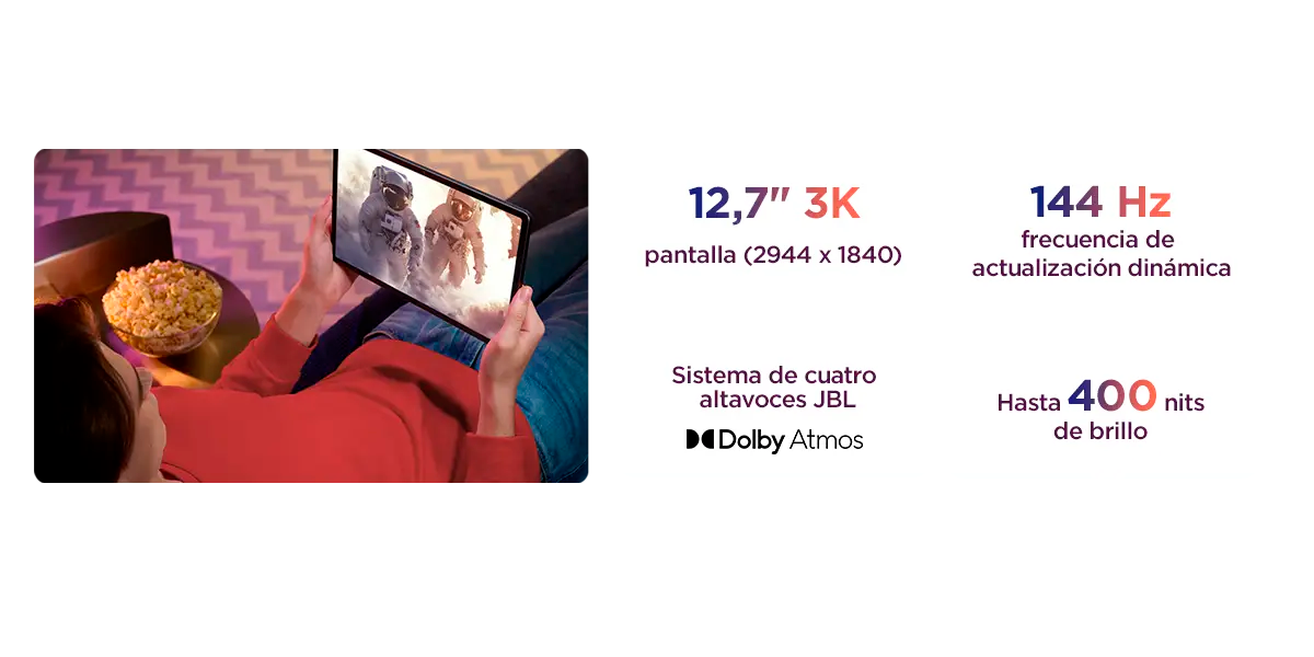 Tablet Lenovo Idea Tab Pro cuenta con pantalla de 12,7 pulgadas 3K, 1444 Hz de frecuencia de actualizaci&oacute;n, sistema de 4 parlantes JBL y hasta 400nits de brillo para disfrutar todos tus contenidos multimedia