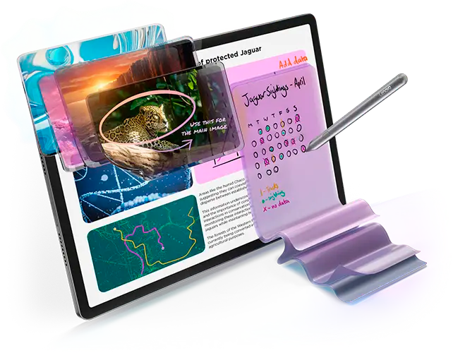 Imagen simulada de tabler Lenovo Idea Pad Pro con funciones de marca de materiales y capturas de pantalla de video