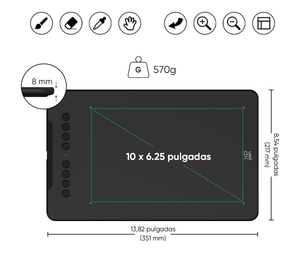Imagen que muestra la medida del &aacute;rea de uso de la tableta de 10x 6.25 pulgadas, la medicion total de la tableta, el peso total de 570g. y  el grosor de la tableta de 8mm.