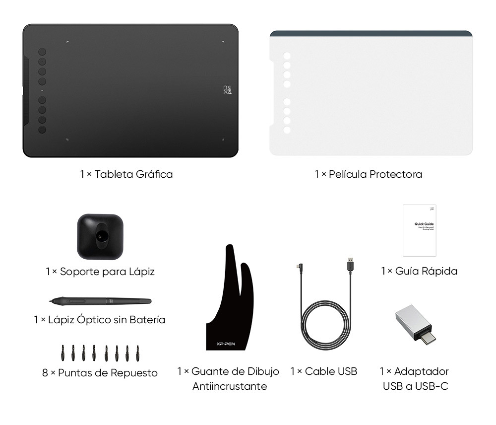 Imagen que muestra todos los accesorios que incluye la tableta: 1x Tableta gr&aacute;fica, 1x Pel&iacute;cula protectora y m&aacute;s.
