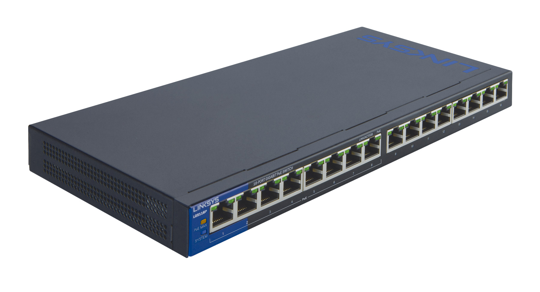 Imagen frontal con inclinaci&oacute;n a la derecha de Switch PoE de 16 puertos Gigabit en un fondo blanco