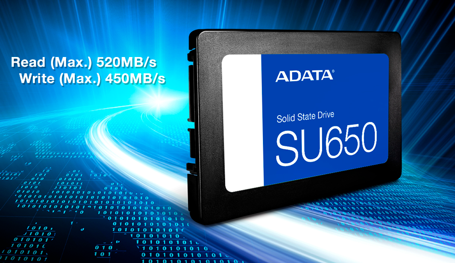 Disco SSD Adata Ultimate SU650 velocidad m&aacute;xima de escritura de 520MB/s; velocidad de lectura m&aacute;xima de 450MB/s