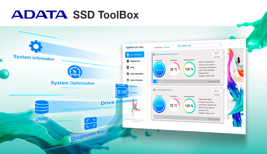 Imagen simulada de aplicaci&oacute;n Adata SSD Toolbox incluida con Disco SSD Adata Ultimate SU650