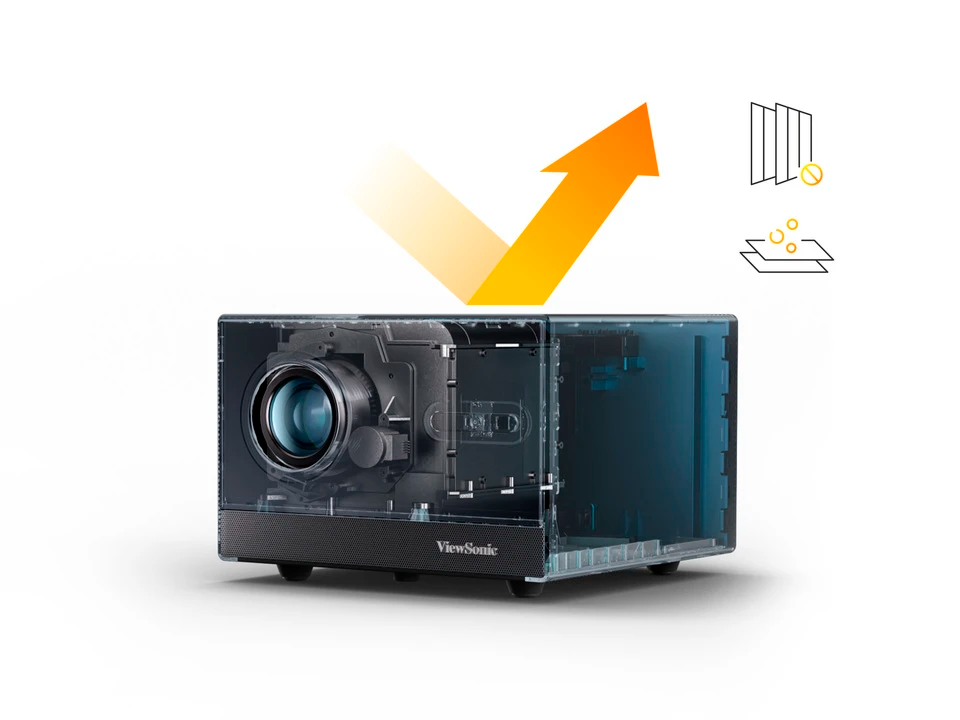 Imagen esquem&aacute;tica que destaca el motor sellado de Proyector LED LX60HD y como repele polvo y humedad