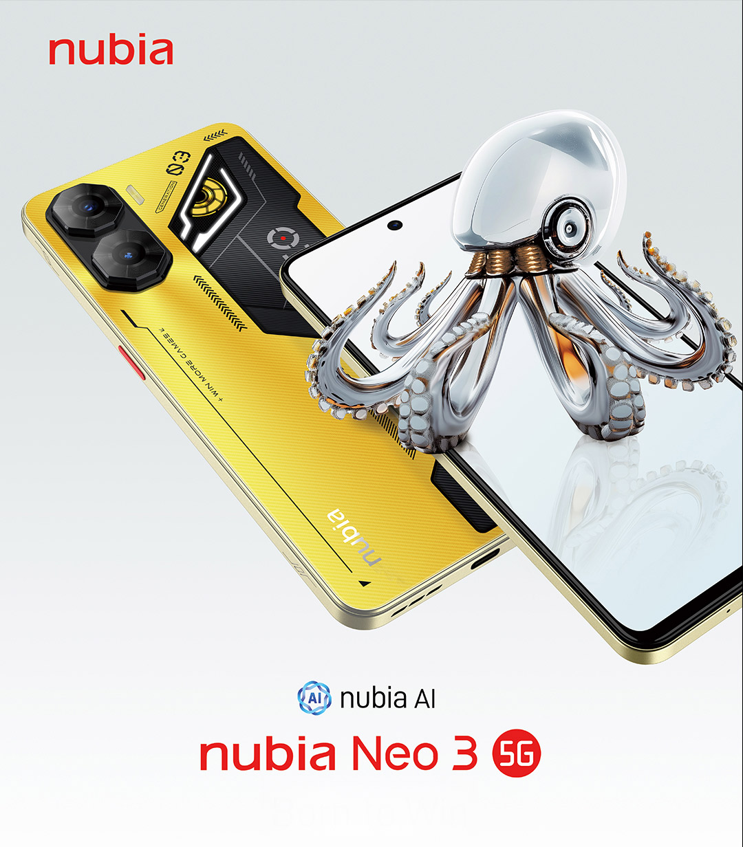 Vista frontal del ZTE nubia Neo 3 5G de 256GB con pantalla de 6.8 pulgadas y dise&ntilde;o futurista.
