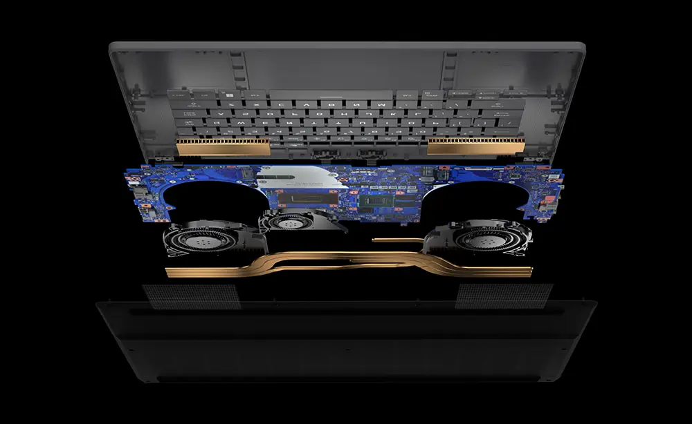 Notebook Intel Ultra 9 gris detalle de teclado y touchpad de precisi&oacute;n
