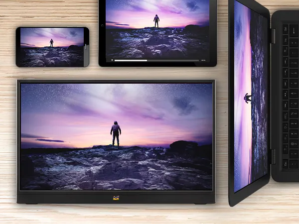 Monitor port&aacute;til de 16 pulgadas Full HD mostrando conectores USB-C y mini HDMI