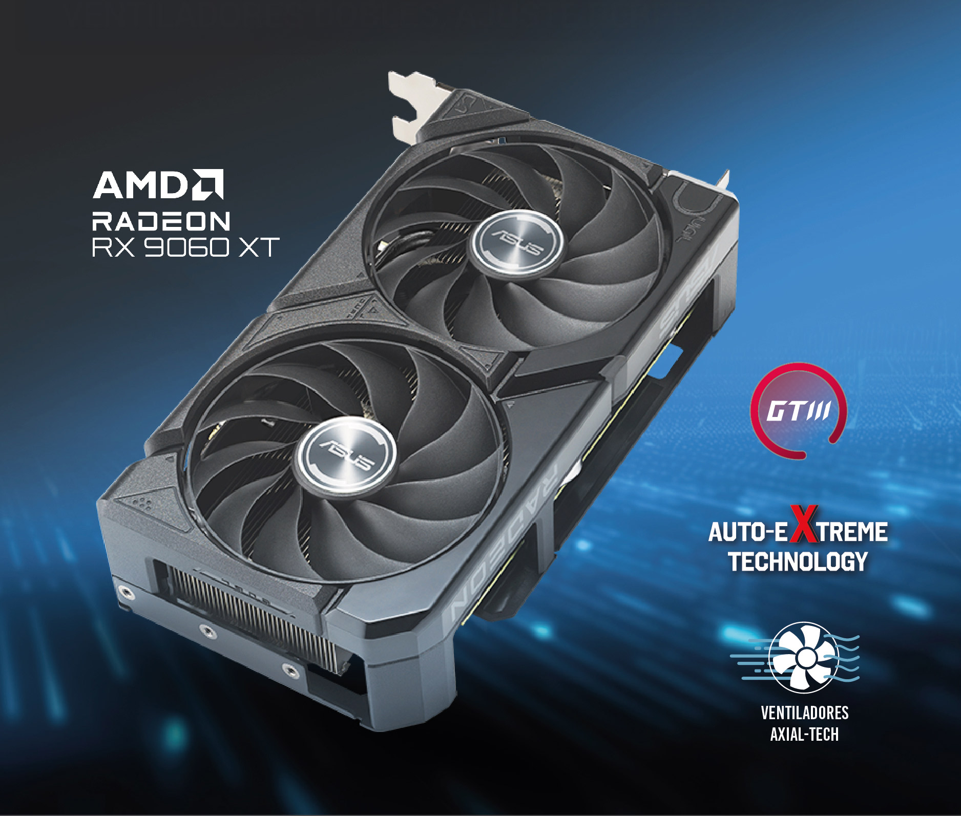 Tarjeta de video AMD vista frontal con ventiladores de refrigeraci&oacute;n