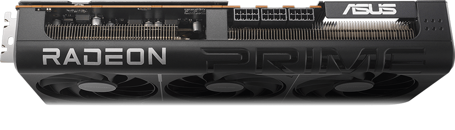 Vista superior de la Tarjeta Gr&aacute;fica Asus PRIME RADEON&trade; RX 9070 XT destacando su ventilaci&oacute;n