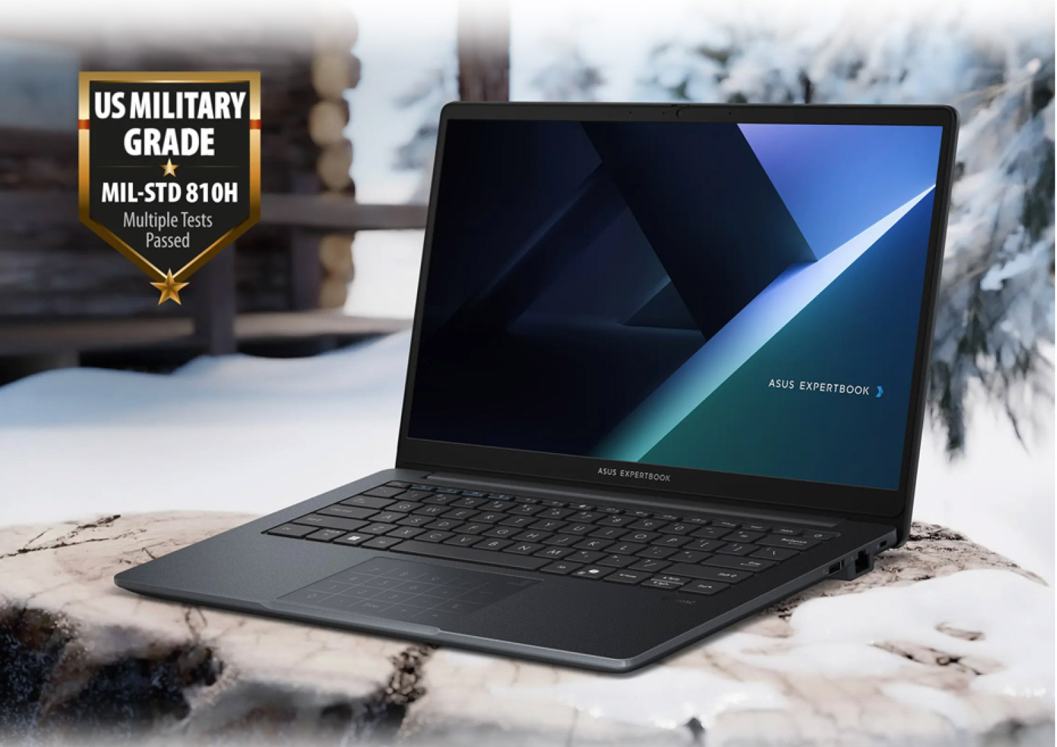 Notebook ASUS ExpertBook vista superior con acabado elegante y construcci&oacute;n resistente para productividad diaria