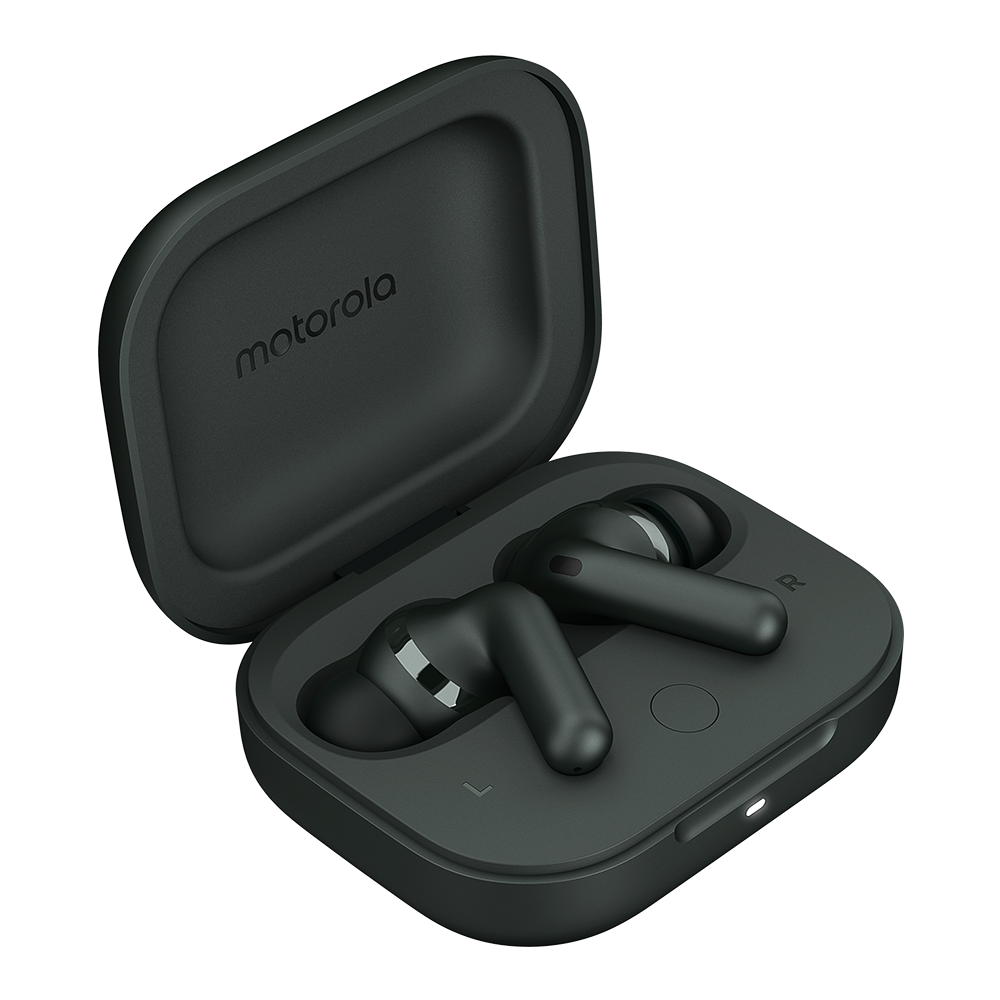 Aud&iacute;fonos Motorola Moto Buds Plus in ear color gris con estuche de carga, vista frontal para detalle de dise&ntilde;o.