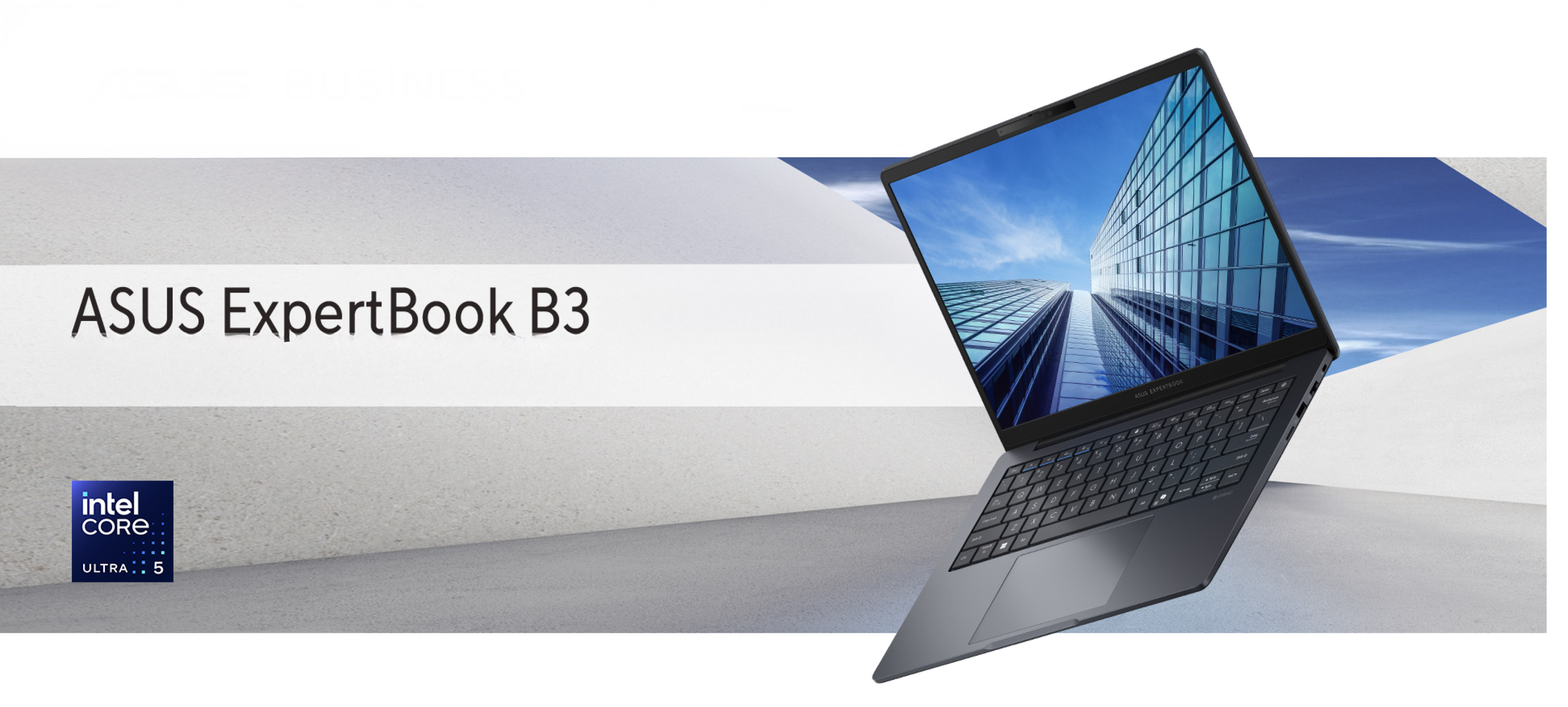 Notebook ASUS ExpertBook vista frontal con pantalla encendida, dise&ntilde;o profesional y port&aacute;til para trabajo empresarial